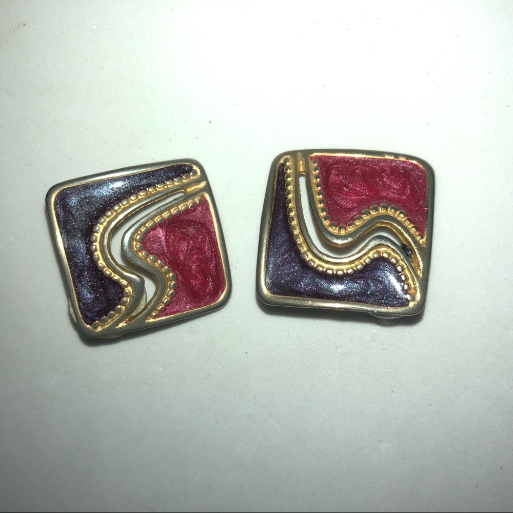 Vintage 90's Earrings Enamel Square Red Blue
